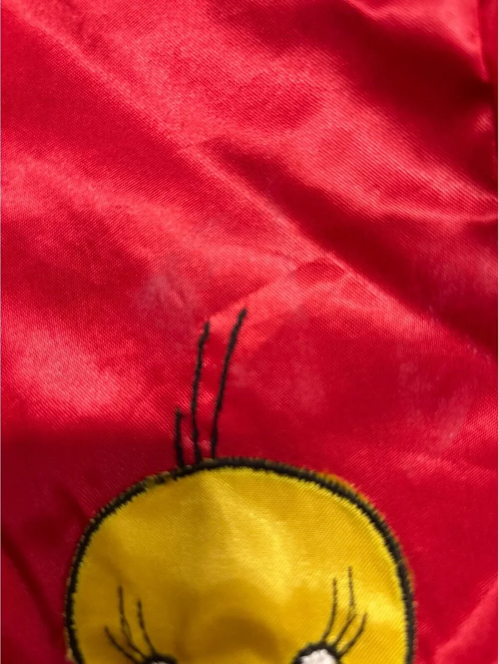 Vtg Sears Tweety Bird Kids Satin Bomber Hoodie Jacket Looney Tunes Red Sz 7-8 S